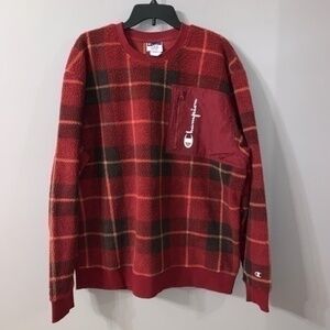 NWOT Champion Sherpa Plaid Zip Front Pkt Crewneck Red burgundy Sweatshirt XL